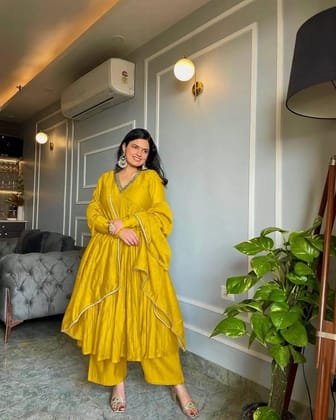 Chinon Silk Alia Cut Ready to Wear Anarkali Gown-Free Size / Yellow