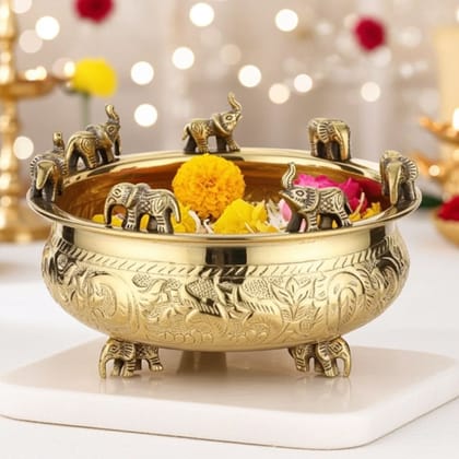 Brass Decorative Elephant Urli � Premium Home Decoration Bowl, Diameter : 8 Inch (ATMAS037 C)