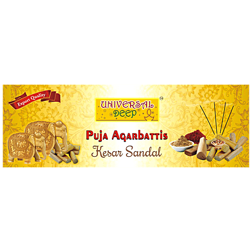 Universal Deep Puja Agarbattis/Incense Sticks - Kesar Sandal, Aromatic Fragrance, Long Lasting, 95 g (69 pcs)