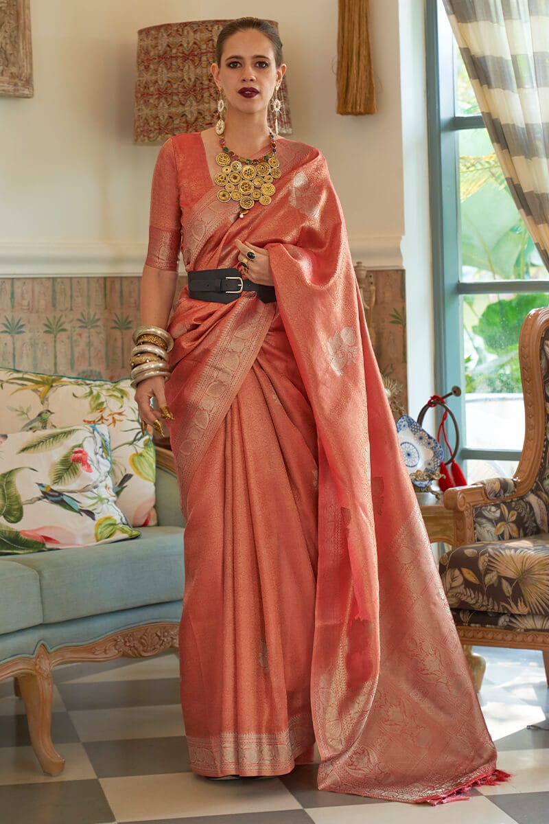 Dull Red Banarasi Tissue silk Saree