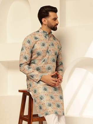 Men's Cotton Linen Motif Bloom Printed Pista Kurta With White Pyjama-36