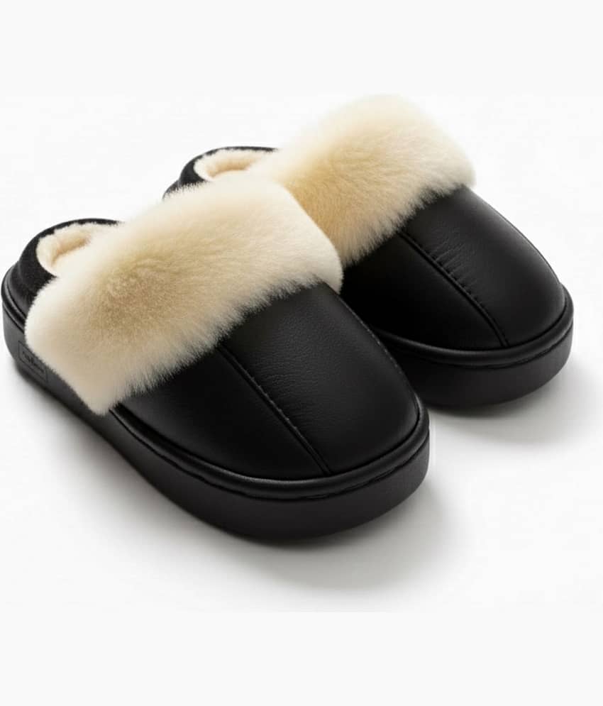 Children’s Black Faux Fur Winter Slippers with Reliable Non-Slip Sole