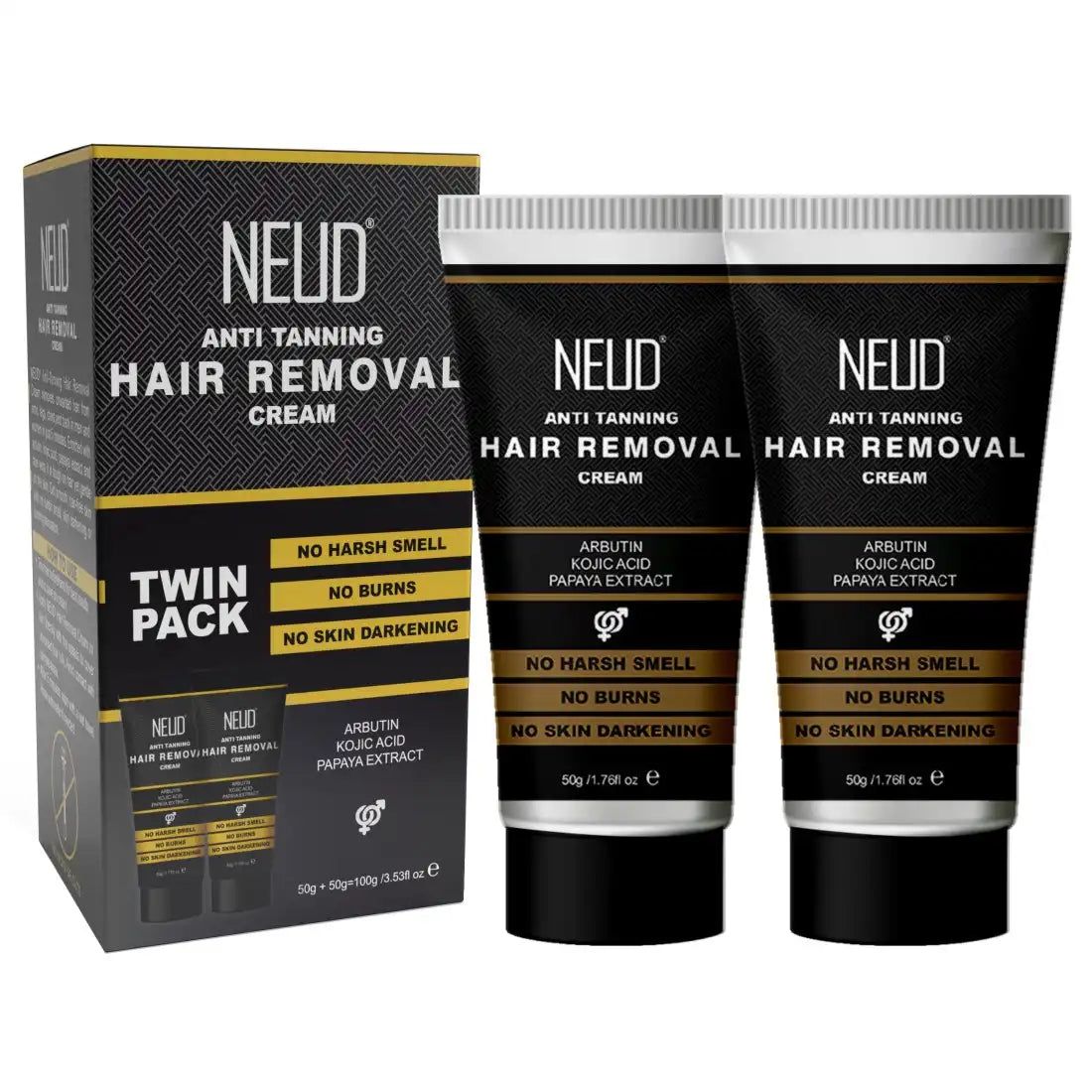 NEUD Anti-Tanning Hair Removal Cream for Arms, Legs, Chest, Back - Twin Pack (50g x 2 Tubes)