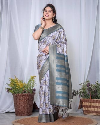 Graceful Banarasi Digitally Printed Silk Saree in Silver and Teal with Zari Work and Tassels-Regular