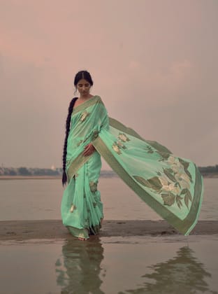 Sea Green Soft Linen Silk Foil Printed Saree