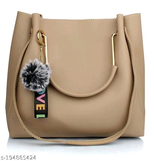 Women's Beige Handbag with Furball Keychain