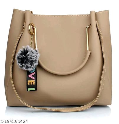 Women's Beige Handbag with Furball Keychain