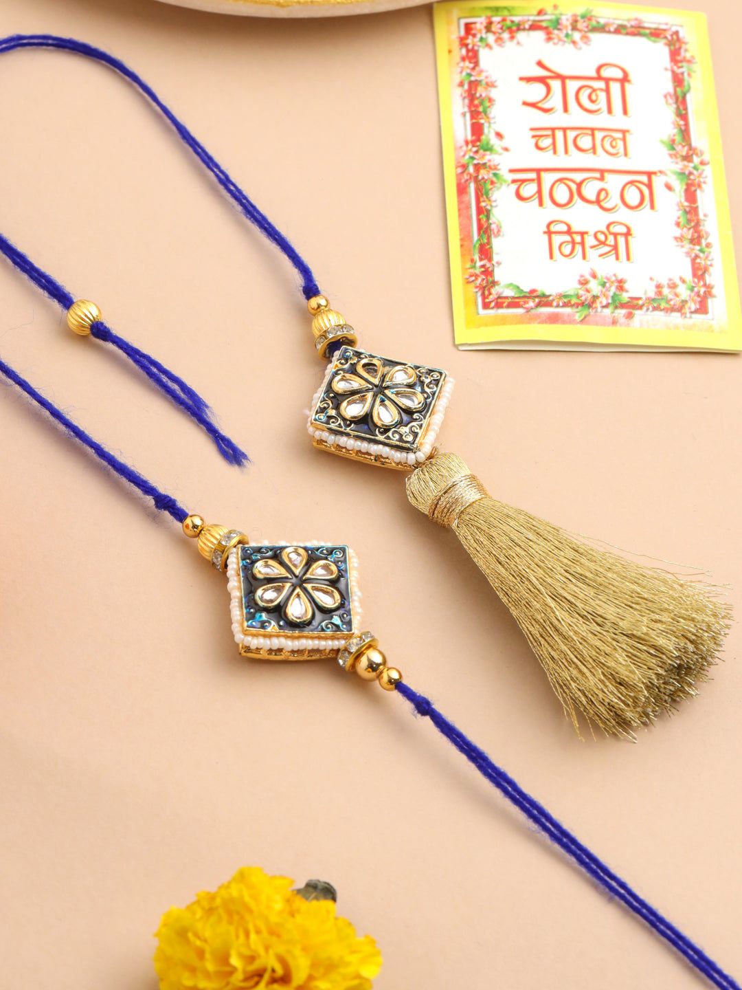 NVR Set of 2 Handmade Blue Kundan Studded Bhaiya Bhabhi Rakhi Set with Roli Chawal Chandan & Mishri-One Size / Blue