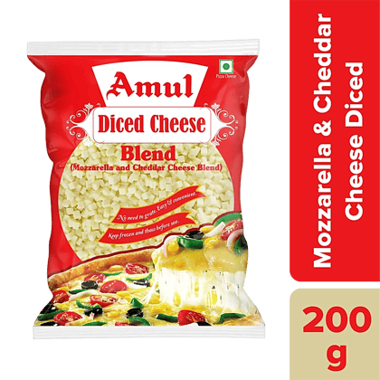 Amul Pizza Cheese Diced - Mozzarella & Cheddar Blend, 200 G Pouch