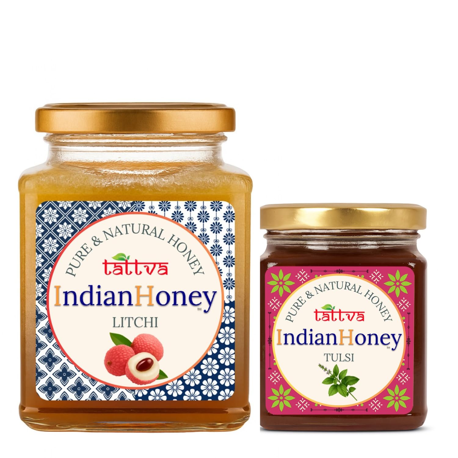 IndianHoney Buttery & Cognitive-Boosting Litchi Honey & Ayurvedic & Stress-Relief Tulsi Infused Honey Combo Pack (500gm & 230gm) Litchi & Tulsi