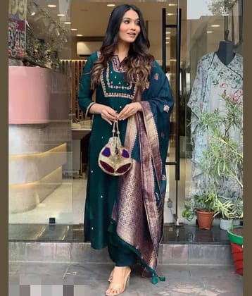 Mahek Fashion Chanderi Embroidered Kurti With Pants Women's Stitched Salwar Suit - Green ( Pack of 1 )