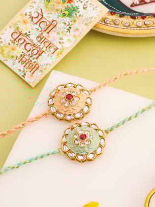 NVR Men Set of 2 Peach & Green Kundan Studded Round Floral Design Rakhi with Roli Chawal Chandan & Mishri-One Size / Multicolor