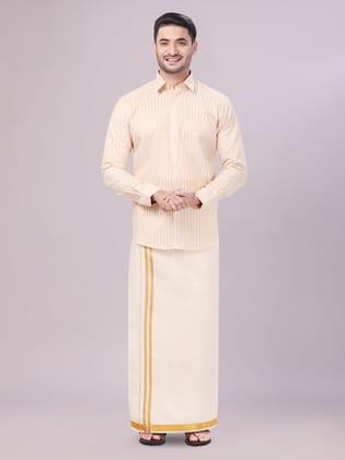 Mens Tissue Stripes Gold Shirt with Plain Jari Border Dhoti Wedding Combo Carter-36 / F/S / Gold