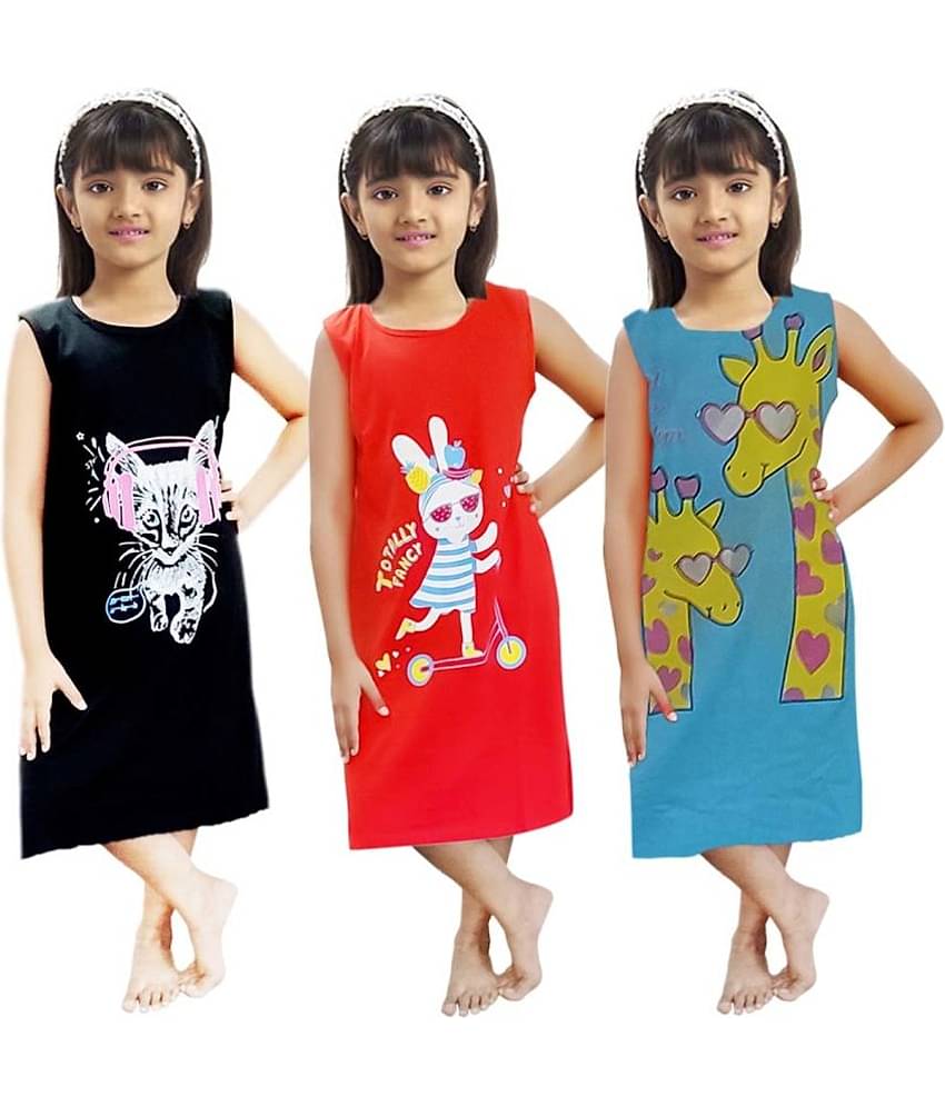 CRAZYON Multicolor Cotton Girls Fit And Flare Dress ( Pack of 3 )