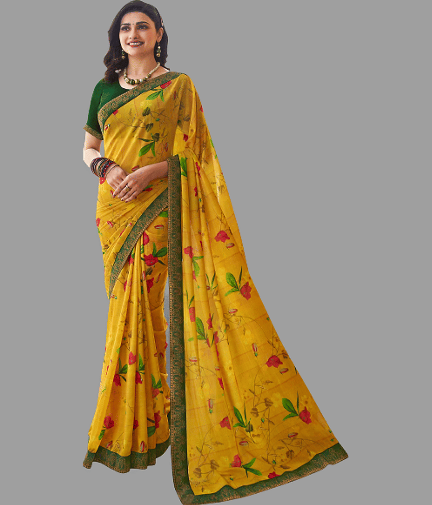 BLEESBURY Chiffon Printed Saree With Unstitched Blouse Piece ( Yellow )