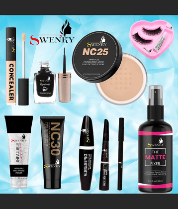 swenky makeup fixer primer foundation eyeliner mascara kajal loose powder & false eyelash (Pack of 8)