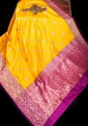 Yellow Banarasi Katan Silk Saree with Zari buttas and Magenta contrast Border | SILK MARK CERTIFIED
