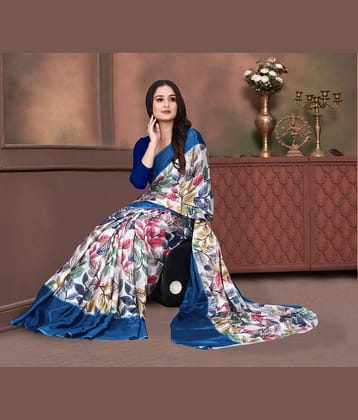 JIHANA FAB Georgette Printed Saree With Unstitched Blouse Piece ( Blue )