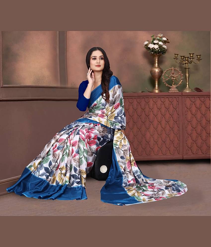 JIHANA FAB Georgette Printed Saree With Unstitched Blouse Piece ( Blue )