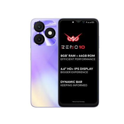 Itel ZENO 10|6.6" HD+ Display with Dynamic Bar| 3GB RAM +64GB ROM, Upto 8GB RAM with Memory Fusion|Octacore Processor|8MP AI Dual Rear Cam|5000 mAh Battery| Opal Purple