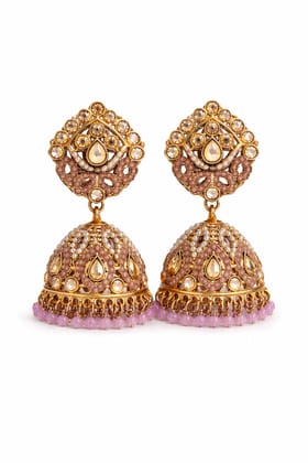 Indian Shringar Lavender Kundan Jhumka Earrings | Pearl & Beaded Designer Jhumki | Ethnic Festive Statement Jewelry