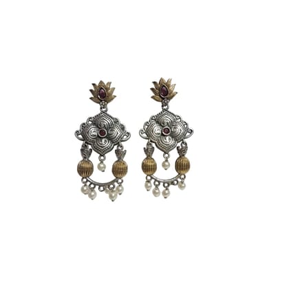 Anvaya Collections Antique Dual-Tone Lotus Earrings with Pearl Drops, Traditional Design