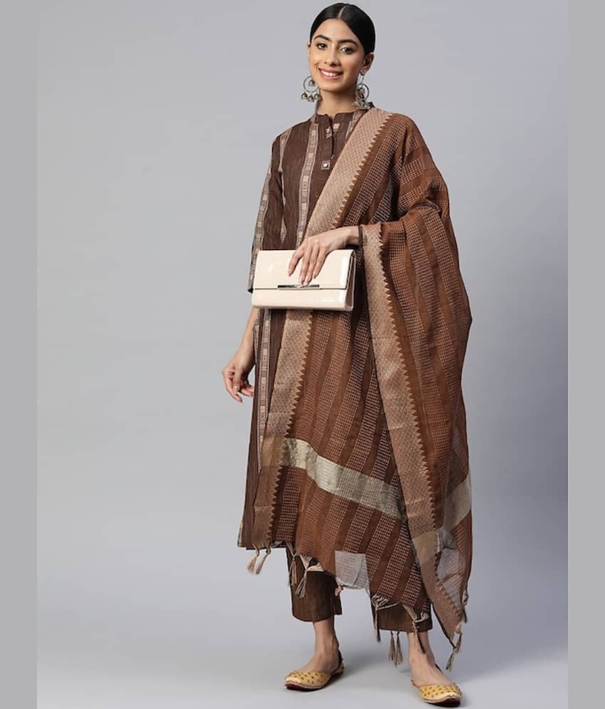 Vbuyz - Brown Straight Cotton Blend Women's Stitched Salwar Suit ( Pack of 1 )