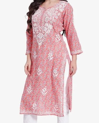Lucknowi Chikankari Hand Embroidered Pure Cotton Printed Rose Peach Kurti