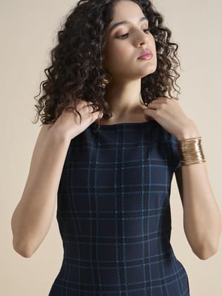 Structured A-Line Boat-Neck Sleeveless Checkered Midi Dress In 4-Way Stretch Fabric-XS