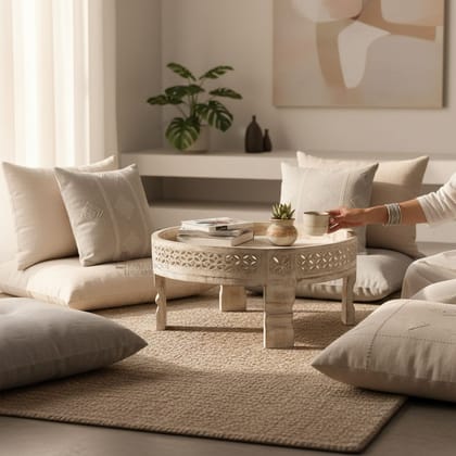 Wood Indian Antique White Wash | Unique Carved Round Wooden Coffee Table