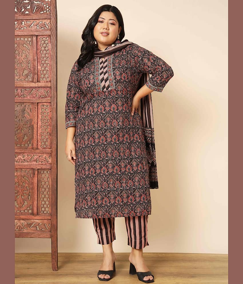 Vbuyz Cotton Printed Kurti With Pants Women's Stitched Salwar Suit - Brown ( Pack of 1 )