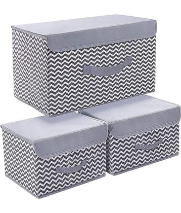 House of Quirk 3 Pack Foldable Storage Bin with Lid and Handle, Versatile Storage Baskets Boxes for Toys, Clothes, Papers, Books, Makeups - Grey Wave