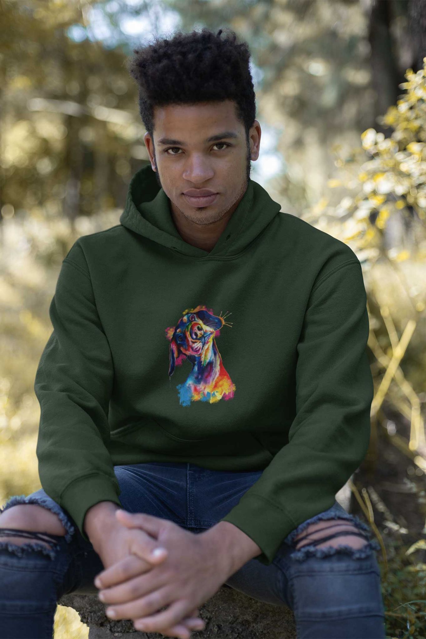Hoodie (Men) - Tilted Head Rainbow Dog (12 Colours)
