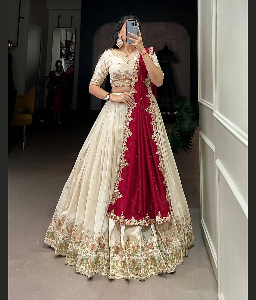 A TO Z CART White Silk Chaniya Choli Semi Stitched Lehenga Single