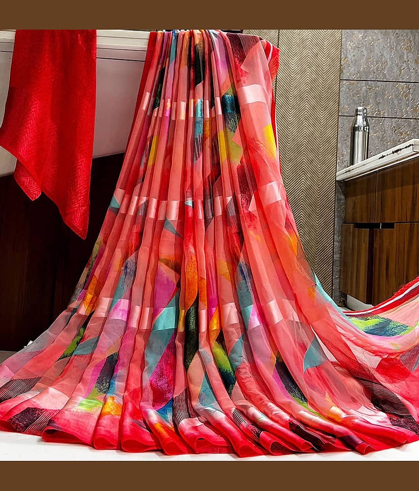 Sanjana Silk Georgette Printed Saree With Unstitched Blouse Piece ( Pink )