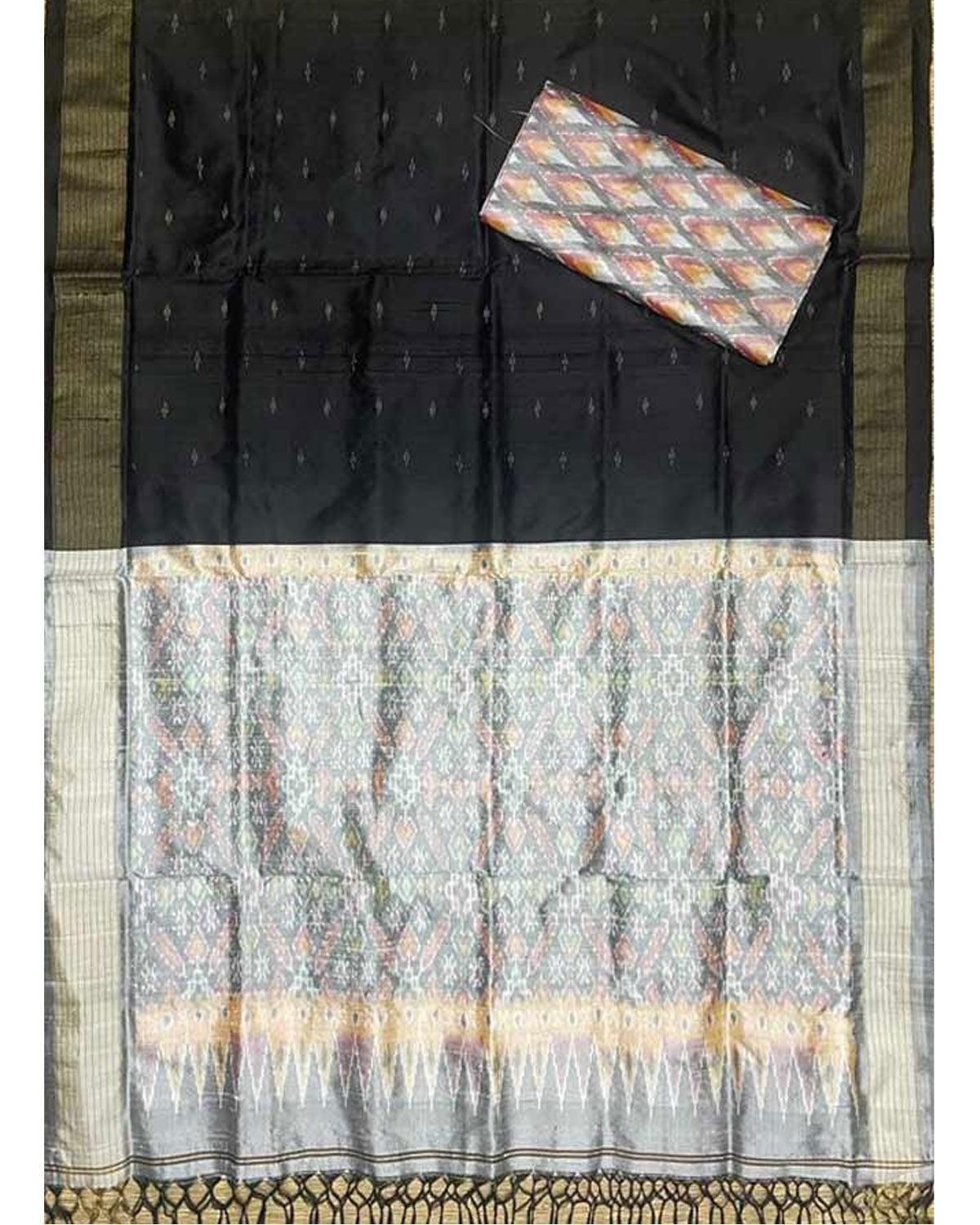 POCHAMPALLY PATTU BLACK WITH WHITE COLOR DRESS MATERIAL