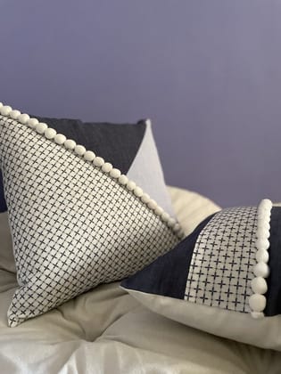 KRI India Snow Denim Diagonal Panelled Cushion Cover 16x16" | Denim Blue & White | Wash & Care | 100% Cotton | Handcrafted in India. 100% organic & natural.