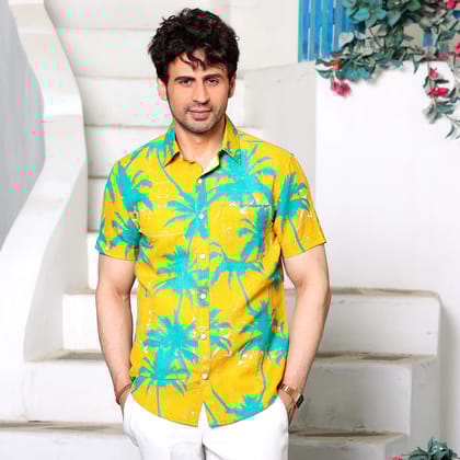 Coconut Tree Cyber Yellow Casual Pure Linen Half Shirt (Size - S) by BLUE EAGLE