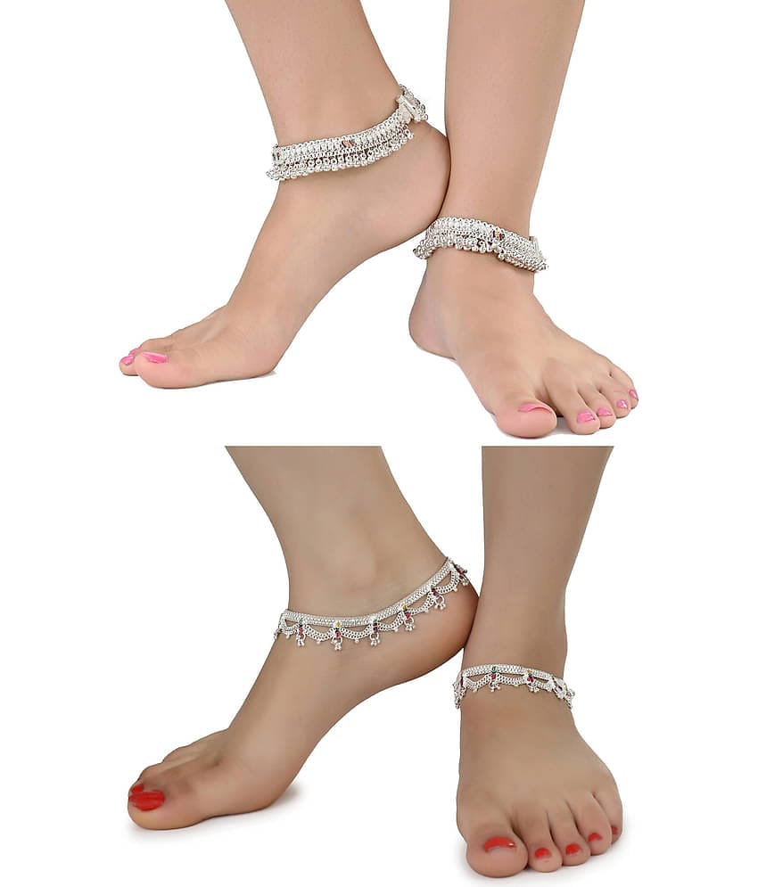 AanyaCentric Combo of 2 Pair Silver Plated White Metal Indian Traditional Ethnic Payal Anklets