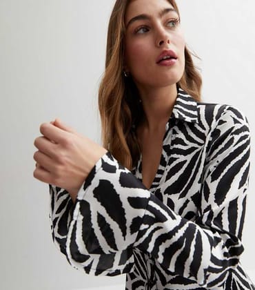 New Look Black Geometric Satin Bell Sleeve Peplum Shirt