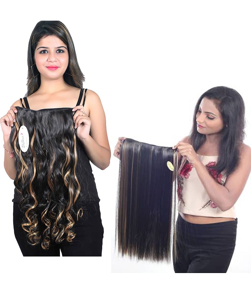 VSAKSH Women's Combo Of Straight & Curly Hair Extension with 5 Clips (Brown Golden Highlighter)