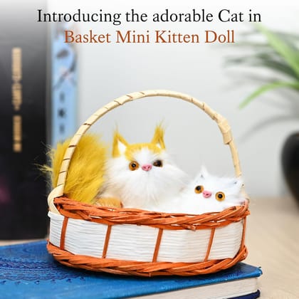 White Cat Soft Toys - Cat In Basket Mini Kitten Doll With Realistic Meow Sounds - Touch-Activated Cat Toy Doll Decor For Office Desk, Handheld Gift For Kids, Boys, Girls & Girlfriend