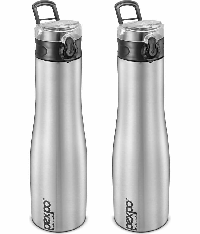 PEXPO 1000 ml Stainless Steel Sports Water Bottle, Push Button Cap (Set of 2, Silver, Monaco)