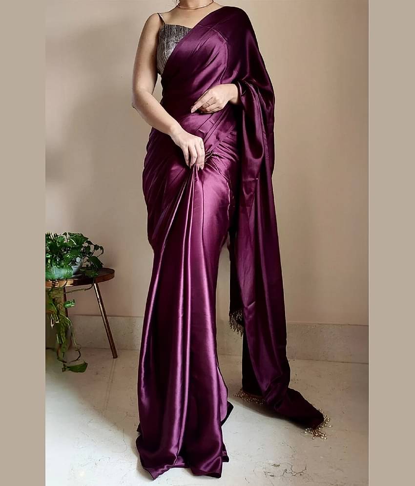 A TO Z CART Satin Solid Saree With Unstitched Blouse Piece ( Red )