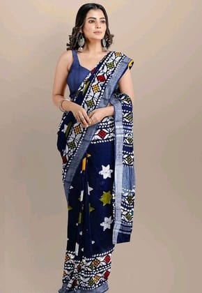 TheHangr Women's Linen Navy Blue Multicolor Stars Printed Saree