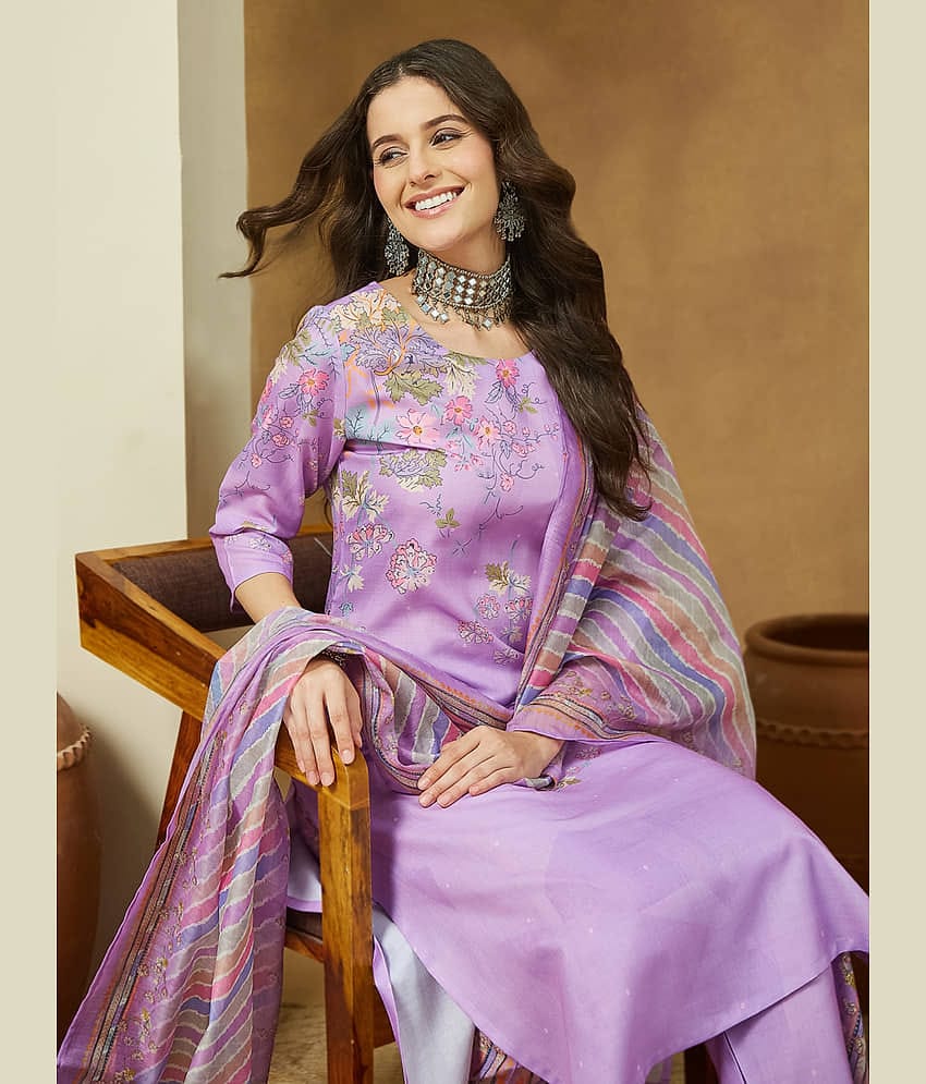 Janasya Women Cotton Blend Printed Straight Kurti With Pants ( Lavender )