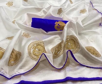 Off White and Royal Blue color Sana Silk Embroidered Sari MS-3 RB