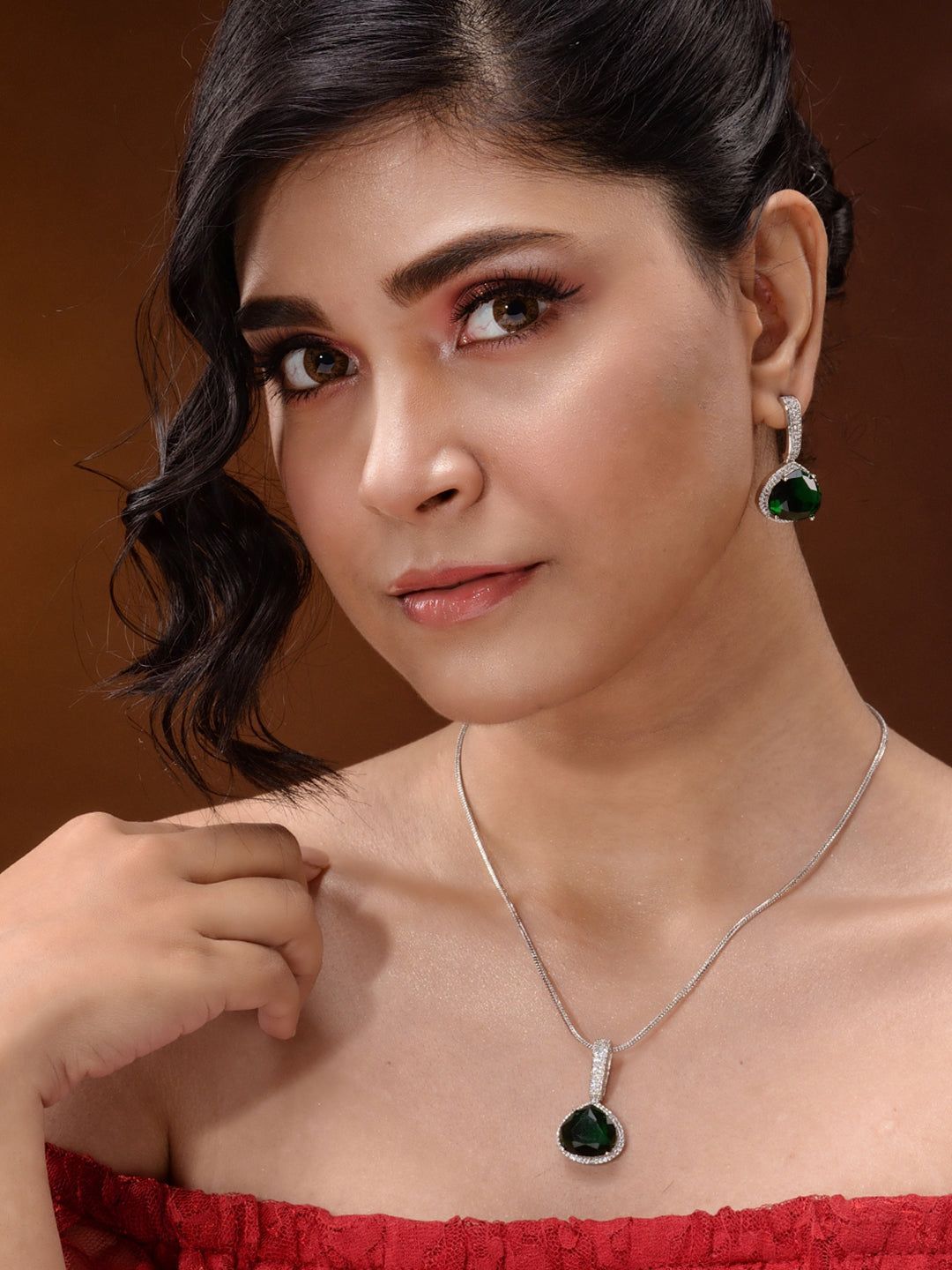 Silver Toned Green AD studdeed Elegant Pendant Earrings Locket Jewellery Set