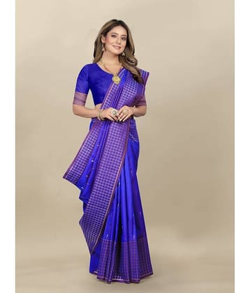 Gazal Fashions Banarasi Silk Checks Saree With Unstitched Blouse Piece ( Blue )