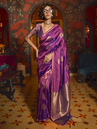 Purple Handloom Woven Banarasi Silk Blend Saree